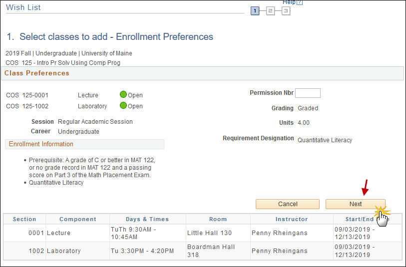 Screenshot showing the location of the Next button after selecting course sections